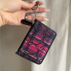 Coach Pink and Black Plaid Card Holder Keychain